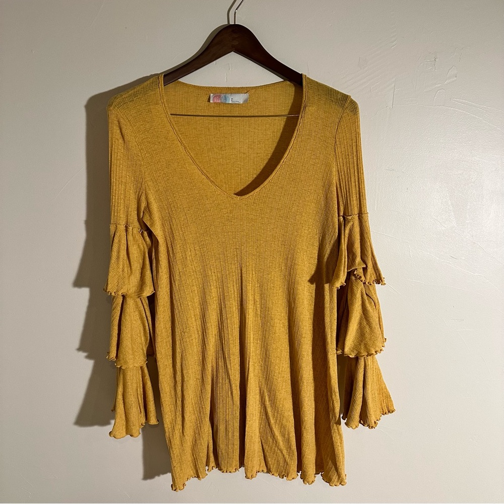 Free People Beach Mustard Yellow Mini Dress - Tiered Bell Sleeves, Size M
